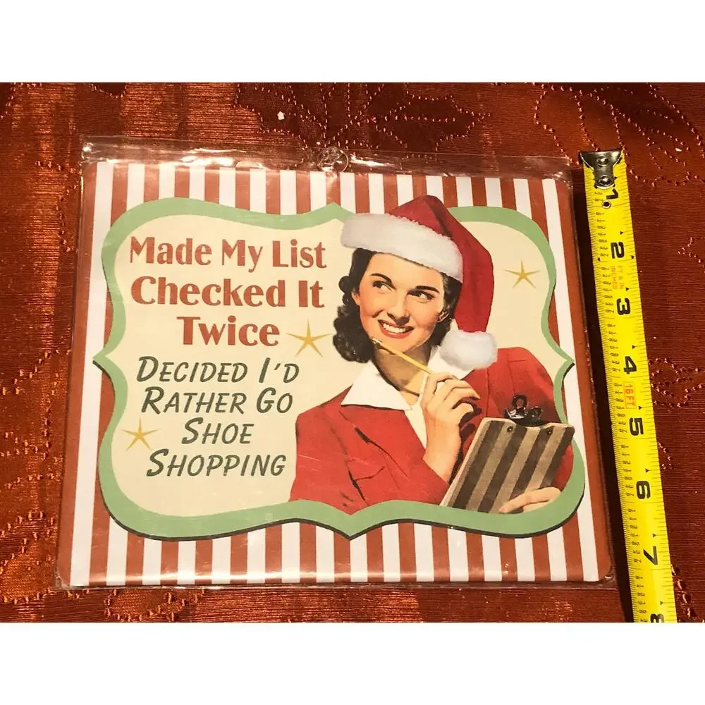 NWT NEW Retro Christmas Decor Metal Sign Made‎ My List Rather Go Shoe Shopping